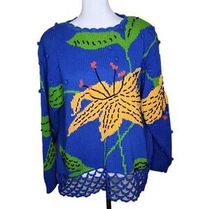 Vintage 80s Hand Knit Floral Sweater Womens Size S Blue Tiger Lily Cotton